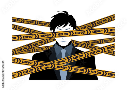 バリケードテープに目隠しされたスーツ姿の男性のイラスト