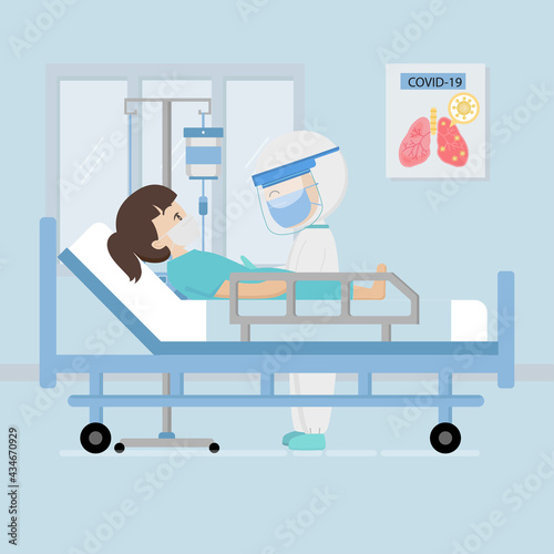 The COVID-19's Patient Kid wear a mask and lying down on the bed.