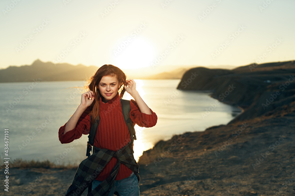 woman tourist backpack island travel walk landscape
