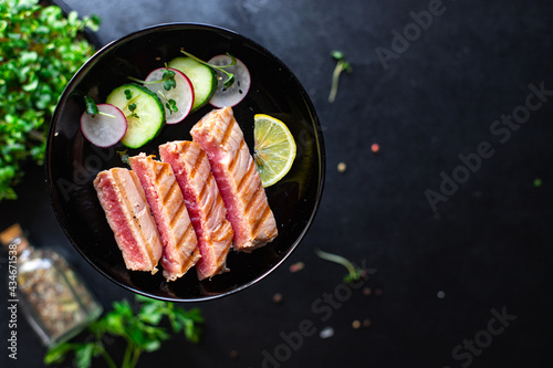 tuna grill seafood fried barbecue fish grilled healthy eating second course meal snack pescetarian diet vegetarian food copy space food background rustic. top view