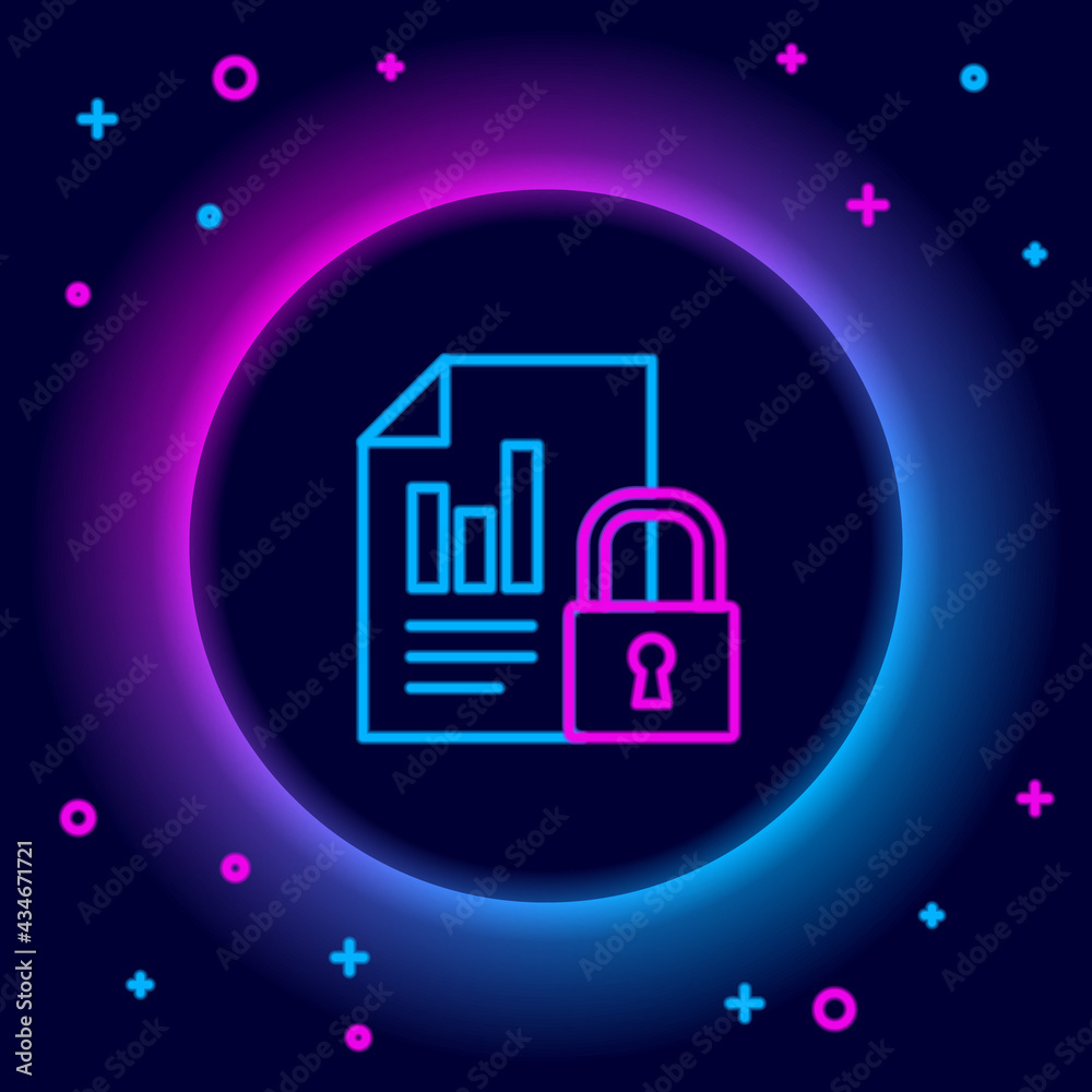 Glowing neon line Document and lock icon isolated on black background. File format and padlock. Security, safety, protection concept. Colorful outline concept. Vector