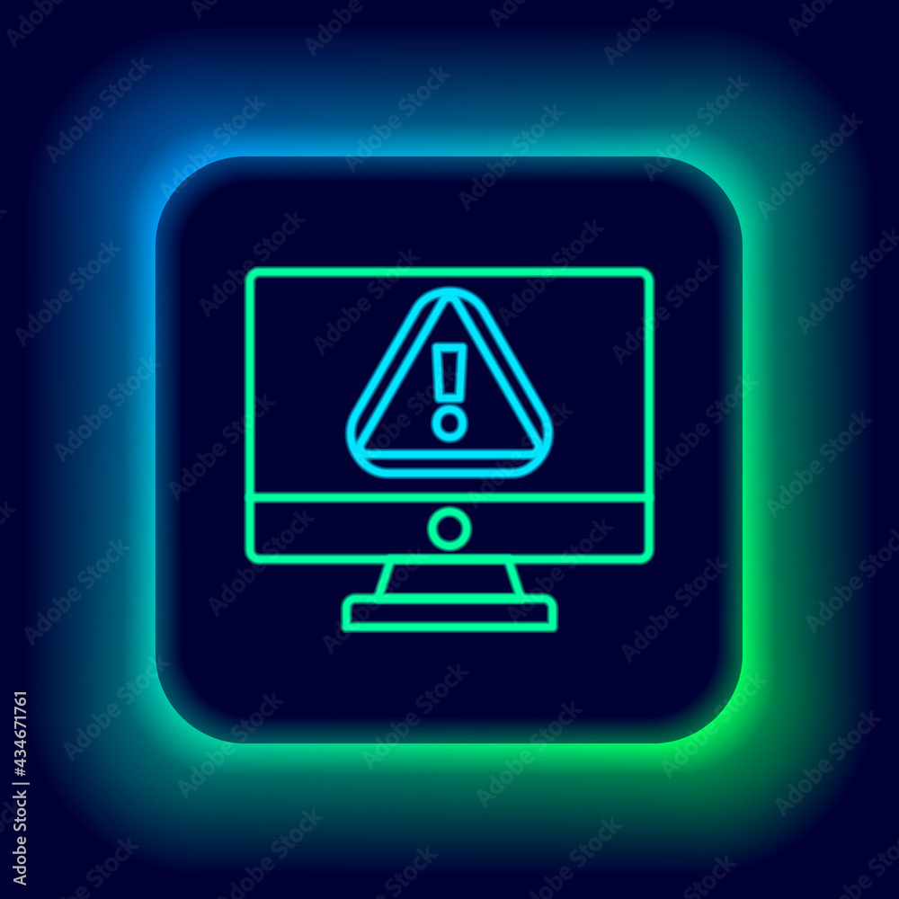 Glowing neon line Computer monitor with exclamation mark icon isolated on black background. Alert message smartphone notification. Colorful outline concept. Vector Glowing neon line Computer monitor with exclamation mark icon isolated on black background. Alert message smartphone notification. Colorful outline concept. Vector