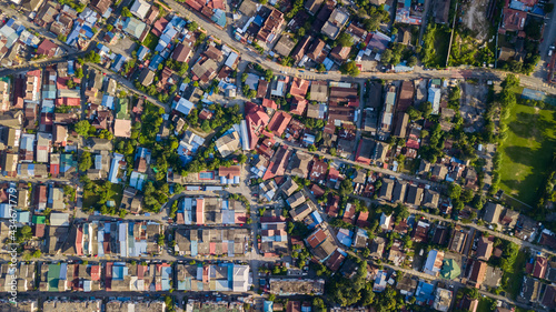 An aerial top down view of houses at Kampung Baru, Kuala Lumpur, Malaysia