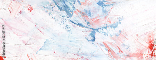 Abstract oil paint background. Light textured paper surface with palette knife strokes of colorful shades - blue, pink, white and bloody red. Sunrise sky. Hand drawn illustration with romantic mood