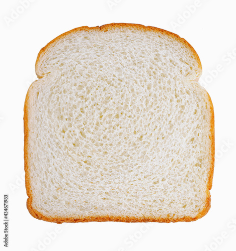 Single Slice of white bread isolated on a white background.