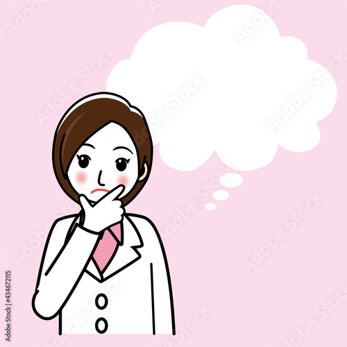 イラスト素材　疑問戸惑いを感じる若い女性のイラスト白衣の医師　吹き出し背景アリ