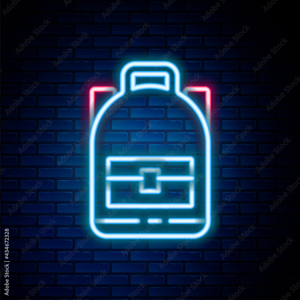 Glowing neon line Hiking backpack icon isolated on brick wall background. Camping and mountain exploring backpack. Colorful outline concept. Vector Glowing neon line Hiking backpack icon isolated on brick wall background. Camping and mountain exploring backpack. Colorful outline concept. Vector