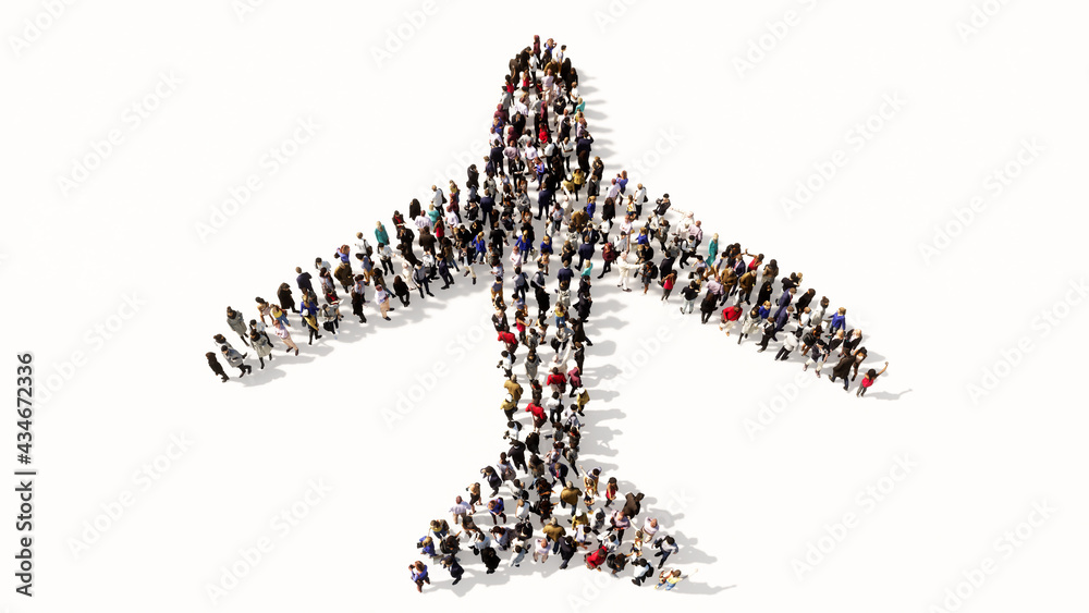 Concept conceptual large community of people forming the airplane sign. 3d illustration metaphor for modern, fast, comfortable and secure transportation, holiday and business Concept conceptual large community of people forming the airplane sign. 3d illustration metaphor for modern, fast, comfortable and secure transportation, holiday and business
