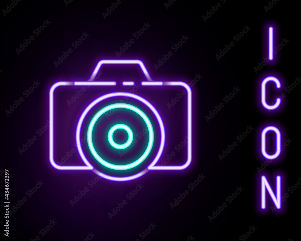 Glowing neon line Photo camera icon isolated on black background. Foto camera icon. Colorful outline concept. Vector