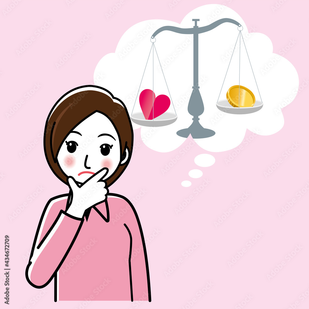 イラスト素材 愛とお金 天秤 疑問戸惑いを感じる若い女性のイラスト 吹き出し Stock ベクター Adobe Stock