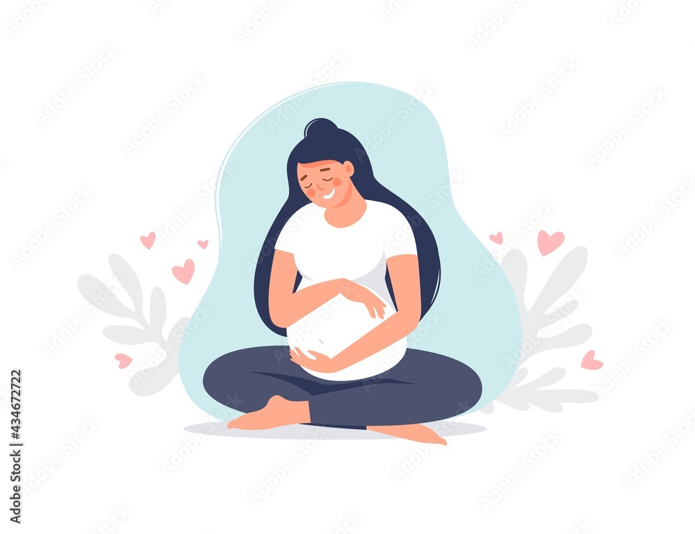 Pregnant woman sitting in lotus pose isolated on green. Pregnancy female practicing yoga. Vector flat illustration. Concept of maternity and healthy lifestyle for banner, landing page, card