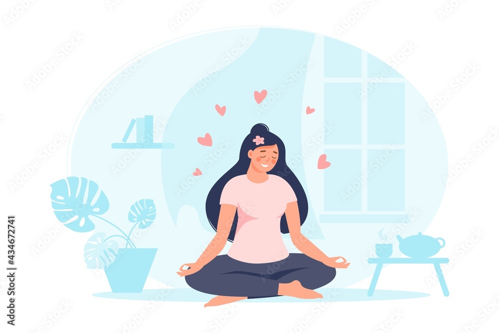Woman sitting in lotus pose at home with plant, teapot, books, hearts. Female practicing yoga. Vector flat illustration. Concept of self care and healthy lifestyle for banner, landing page, card Woman sitting in lotus pose at home with plant, teapot, books, hearts. Female practicing yoga. Vector flat illustration. Concept of self care and healthy lifestyle for banner, landing page, card