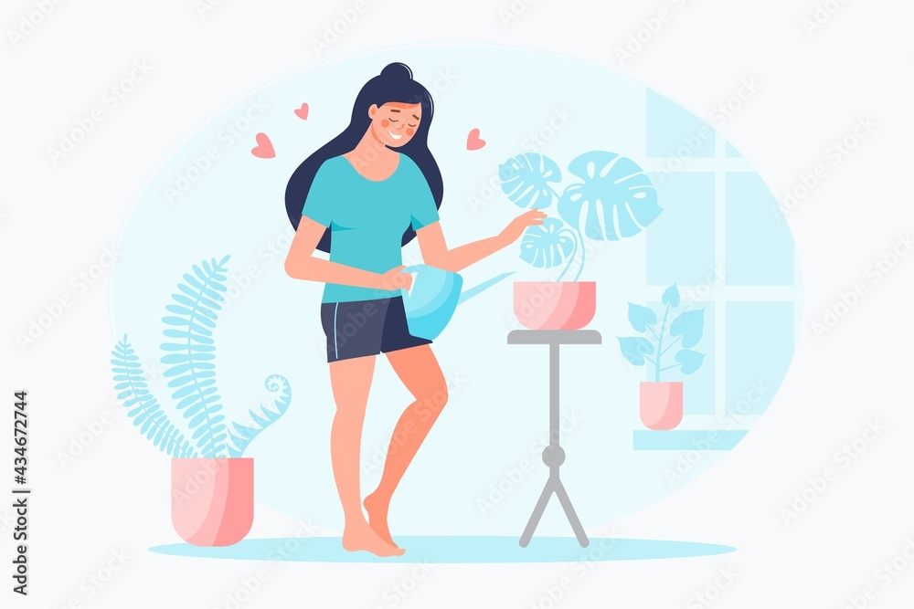 Happy smiling woman watering home plants with pink hearts around. Self care, love yourself concept. Take time for your self. Vector flat illustration. Design for banner, landing page, card Happy smiling woman watering home plants with pink hearts around. Self care, love yourself concept. Take time for your self. Vector flat illustration. Design for banner, landing page, card
