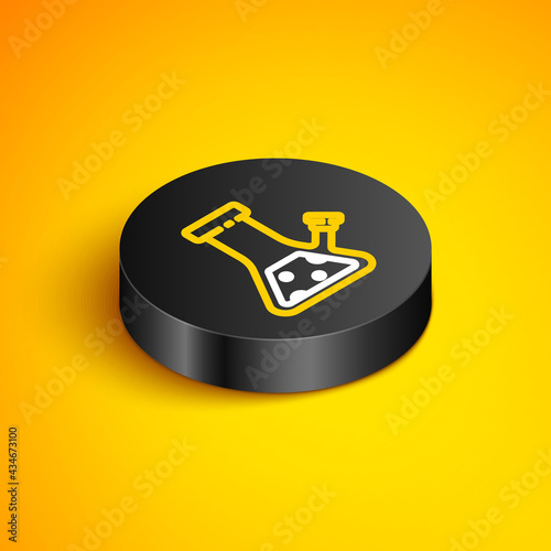 Isometric line Glass bong for smoking marijuana or cannabis icon isolated on yellow background. Black circle button. Vector