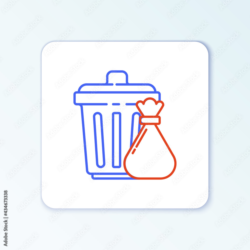 Line Trash can and garbage bag icon isolated on white background. Garbage bin sign. Recycle basket icon. Office trash icon. Colorful outline concept. Vector Line Trash can and garbage bag icon isolated on white background. Garbage bin sign. Recycle basket icon. Office trash icon. Colorful outline concept. Vector