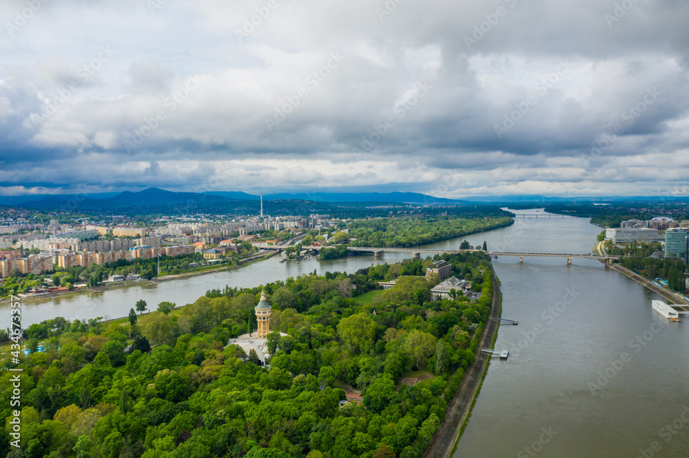 Establishing aerial view of Budapest, Hungary. Margaret Island in summer in the focus. Establishing aerial view of Budapest, Hungary. Margaret Island in summer in the focus.
