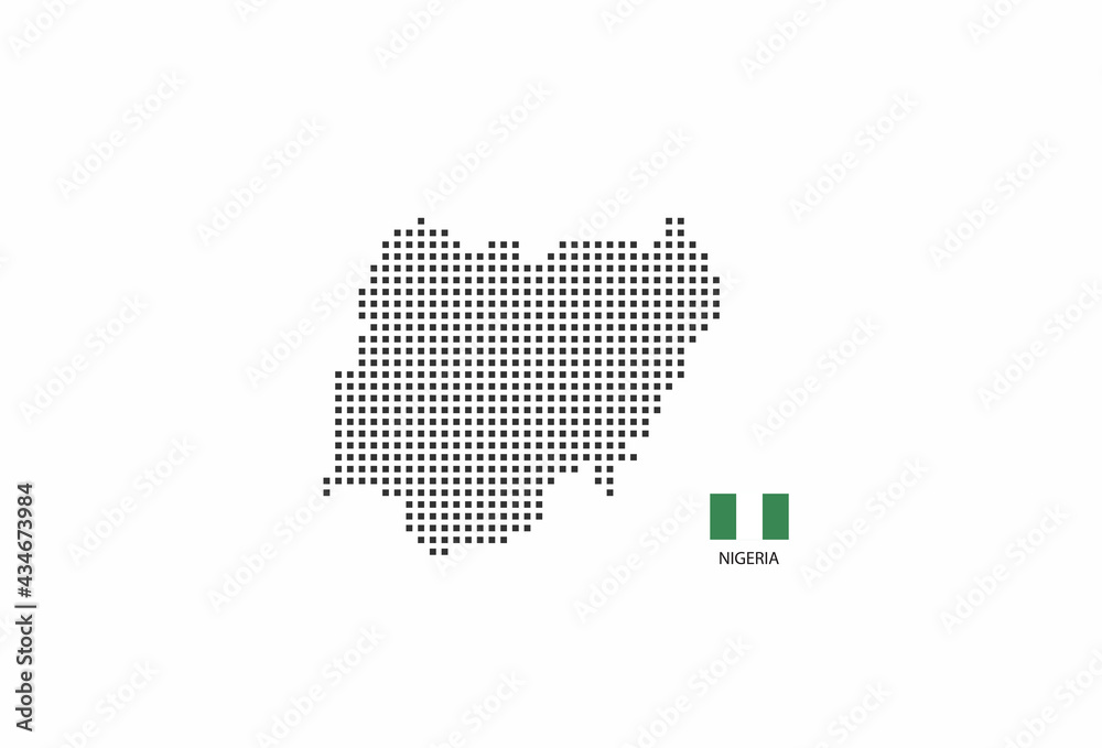 Vector square pixel dotted map of Nigeria isolated on white background with Nigeria flag.