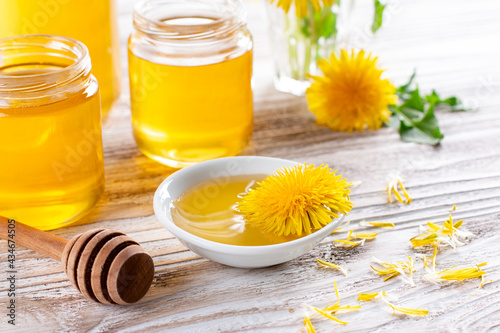 Homemade dandelion honey or syrup in jar. Concept of natural, countryside, organic and healthy product