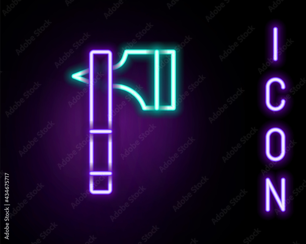 Glowing neon line Wooden axe icon isolated on black background. Lumberjack axe. Colorful outline concept. Vector Glowing neon line Wooden axe icon isolated on black background. Lumberjack axe. Colorful outline concept. Vector
