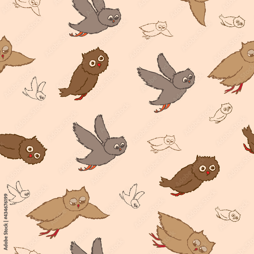 Obraz premium Cute, brown flying hand drawn owl pattern, vector illustrations