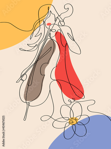 Abstract illustration of a girl with a cello. Minimal design, freehand composition, modern style. Elegant continuous lines poster for a Scandinavian interior.