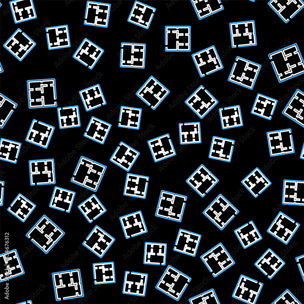 Line House plan icon isolated seamless pattern on black background. Vector Line House plan icon isolated seamless pattern on black background. Vector