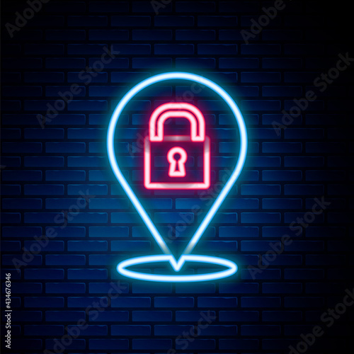 Glowing neon line Location lock icon isolated on brick wall background. The concept of the house turnkey. Colorful outline concept. Vector