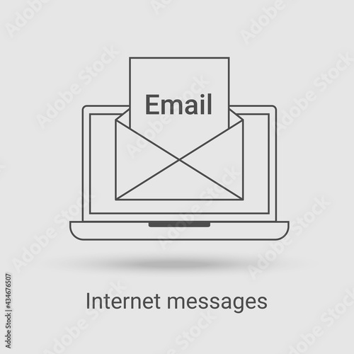 Internet message icon.The Email and mail symbol.An envelope on the background of a laptop.Vector illustration of the thin line icon.