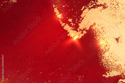 Gold and ruby red abstract marble background with sparkles. Vector texture in alcohol ink technique with glitter. Template for banner, poster design. Fluid art painting