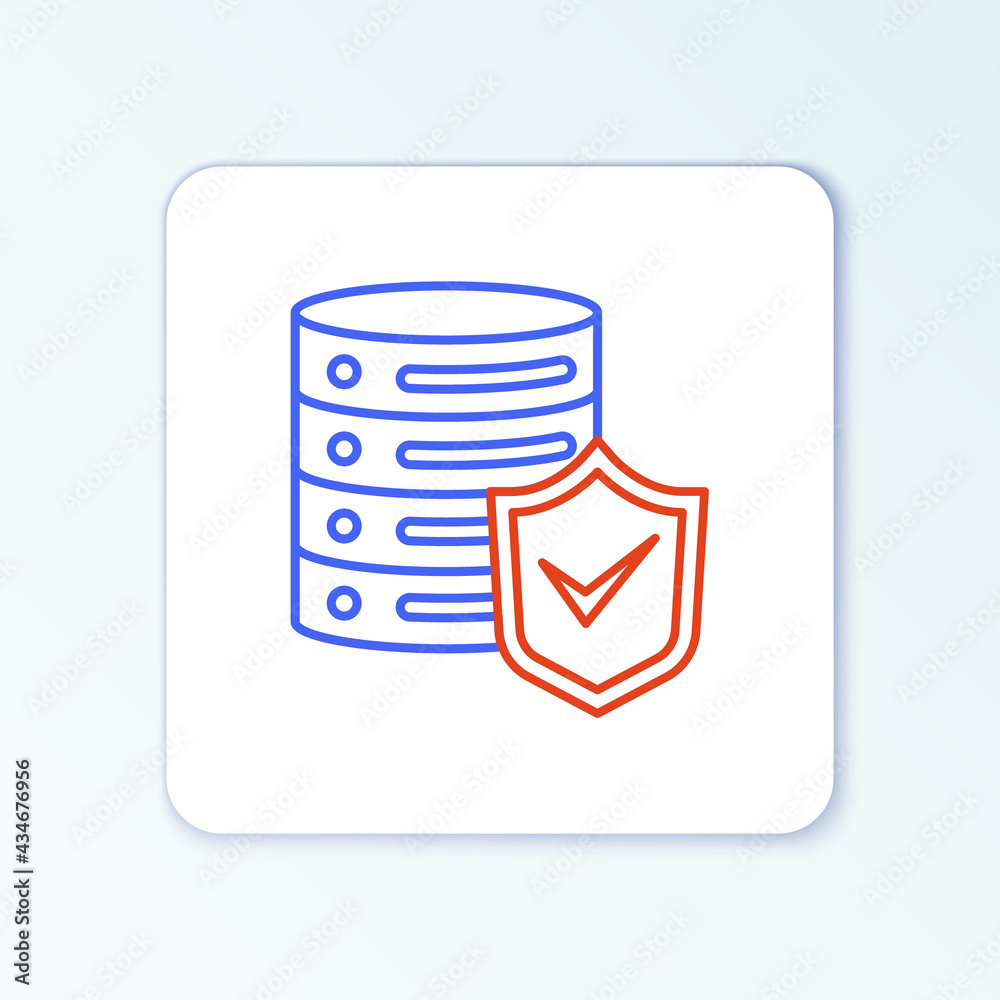 Line Server with shield icon isolated on white background. Protection against attacks. Network firewall, router, switch, data. Colorful outline concept. Vector Line Server with shield icon isolated on white background. Protection against attacks. Network firewall, router, switch, data. Colorful outline concept. Vector