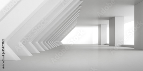 Abstract 3d rendering of empty concrete space with light and shadow on the column structure, Futuristic architecture.