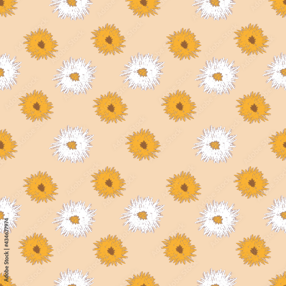 White and orange flowers on a soft beige background. Flower meadow. Seamless pattern in summer style. For textiles, wallpapers and backgrounds.