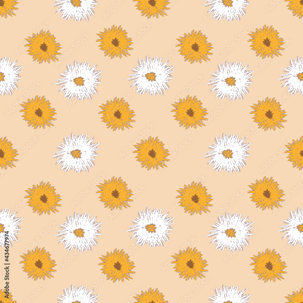 White and orange flowers on a soft beige background. Flower meadow. Seamless pattern in summer style. For textiles, wallpapers and backgrounds. White and orange flowers on a soft beige background. Flower meadow. Seamless pattern in summer style. For textiles, wallpapers and backgrounds.