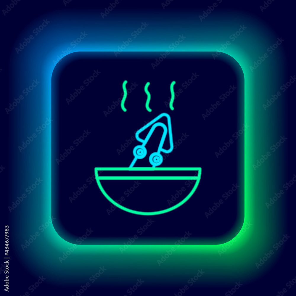 Glowing neon line Soup with octopus icon isolated on black background. Colorful outline concept. Vector Glowing neon line Soup with octopus icon isolated on black background. Colorful outline concept. Vector