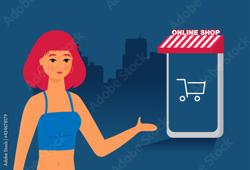 Online store. Sale, Laptop with awning isolated on color background