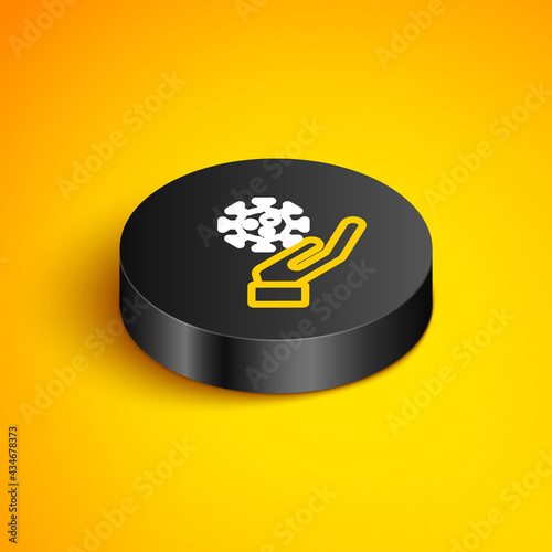 Isometric line Hand with virus icon isolated on yellow background. Corona virus 2019-nCoV. Bacteria and germs, cell cancer, microbe, fungi. Black circle button. Vector