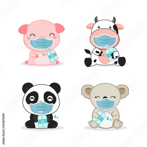 Cute animal cartoon wear a mask and wash hands.