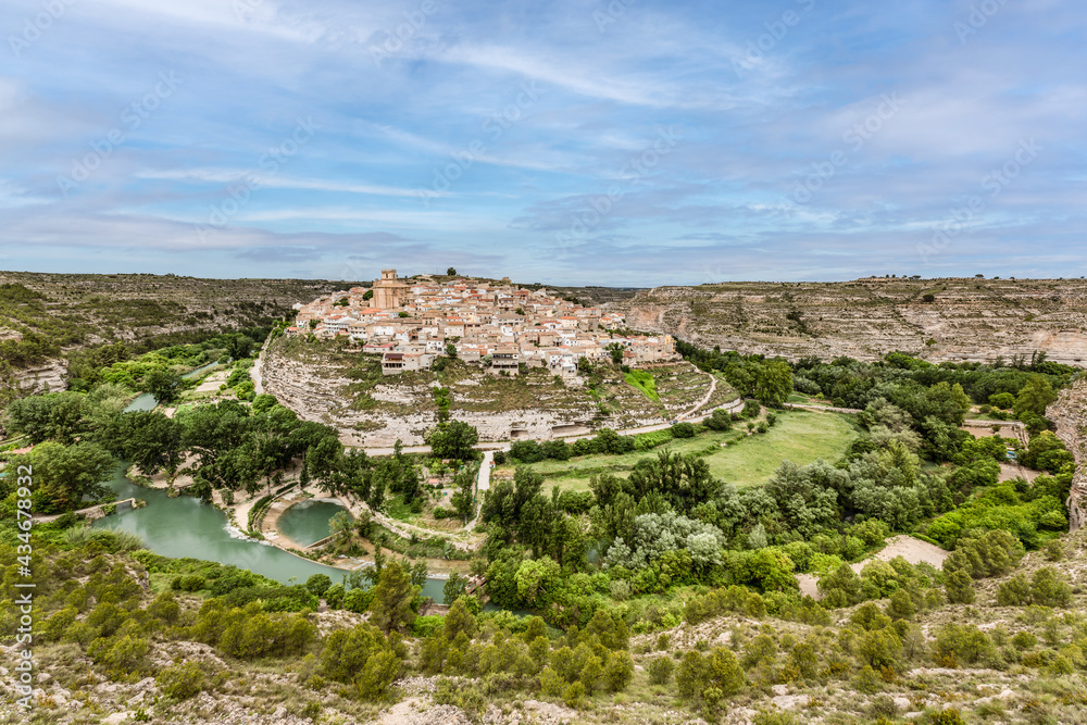 Panoramic view of Jorquera small village in a River Jucar meander, Albacete province, Spain