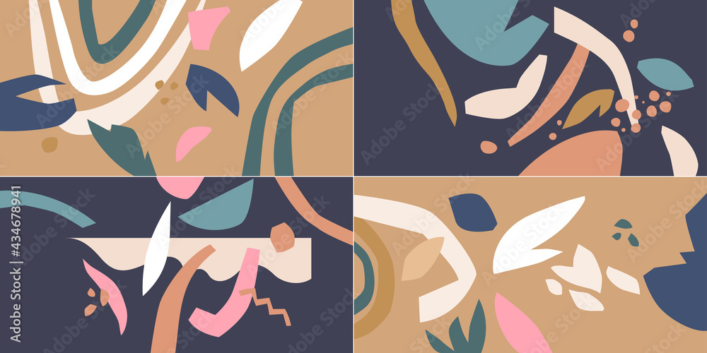 A set of abstract design backgrounds. Illustrations with flat shapes drawn by hand.