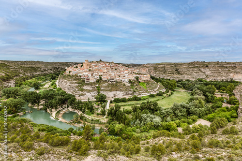 Panoramic view of Jorquera small village in a River Jucar meander, Albacete province, Spain