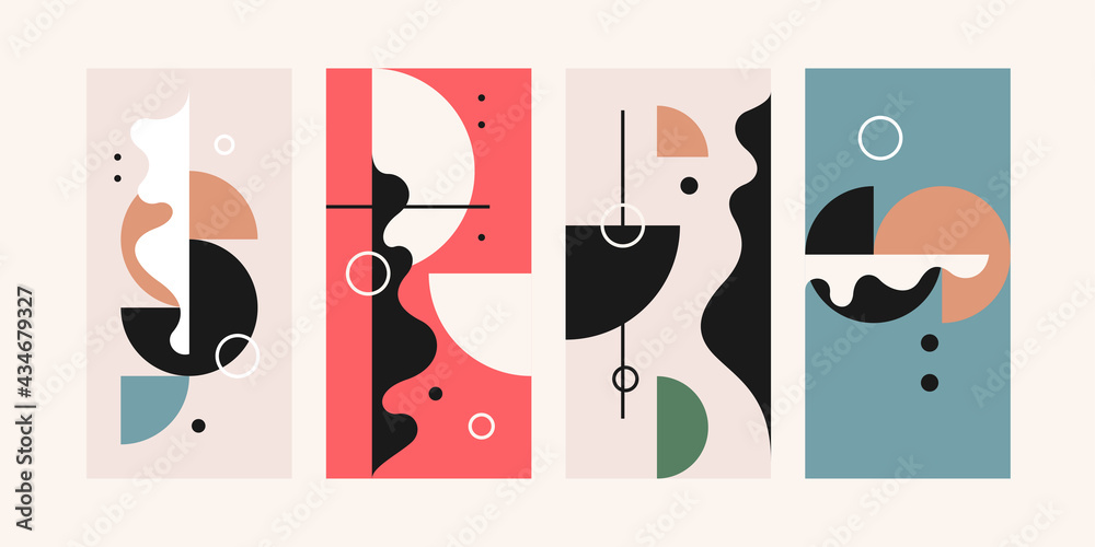 A set of abstract design backgrounds. Illustrations with flat figures of geometric and wavy shapes. A set of abstract design backgrounds. Illustrations with flat figures of geometric and wavy shapes.