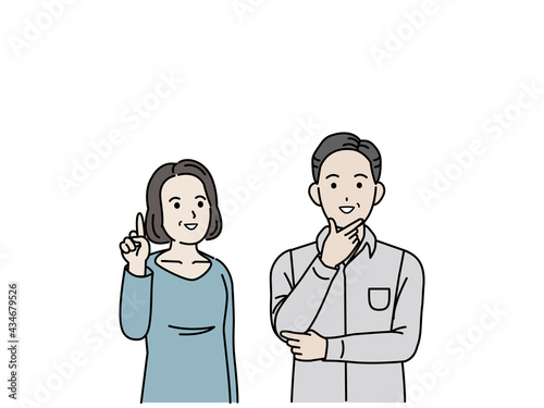 中高年の夫婦　上を見る　なるほど　上を指す　ポーズ　男女　ミドル　コピースペース　イラスト素材