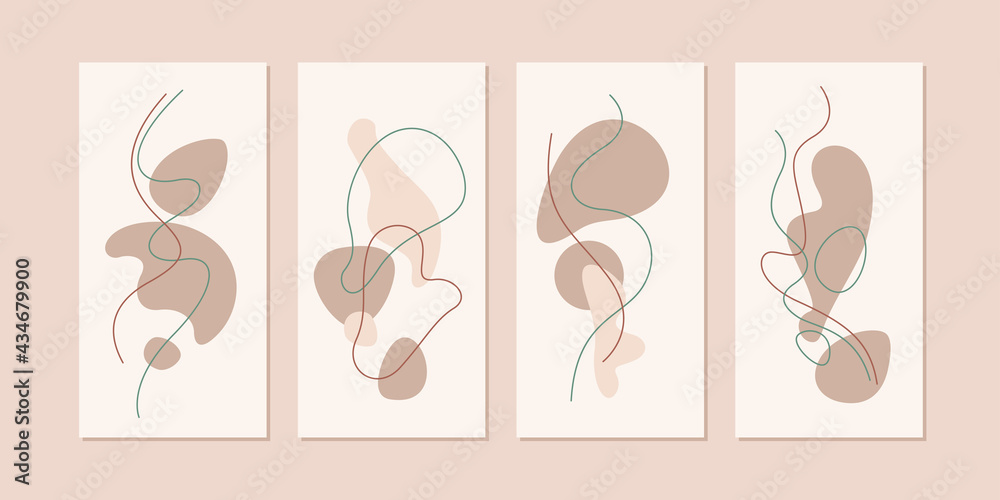 A set of abstract backgrounds in a modern trendy style. Vertical creative posters with simple flat organic shapes.