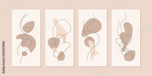 A set of abstract backgrounds in a modern trendy style. Vertical creative posters with simple flat organic shapes.