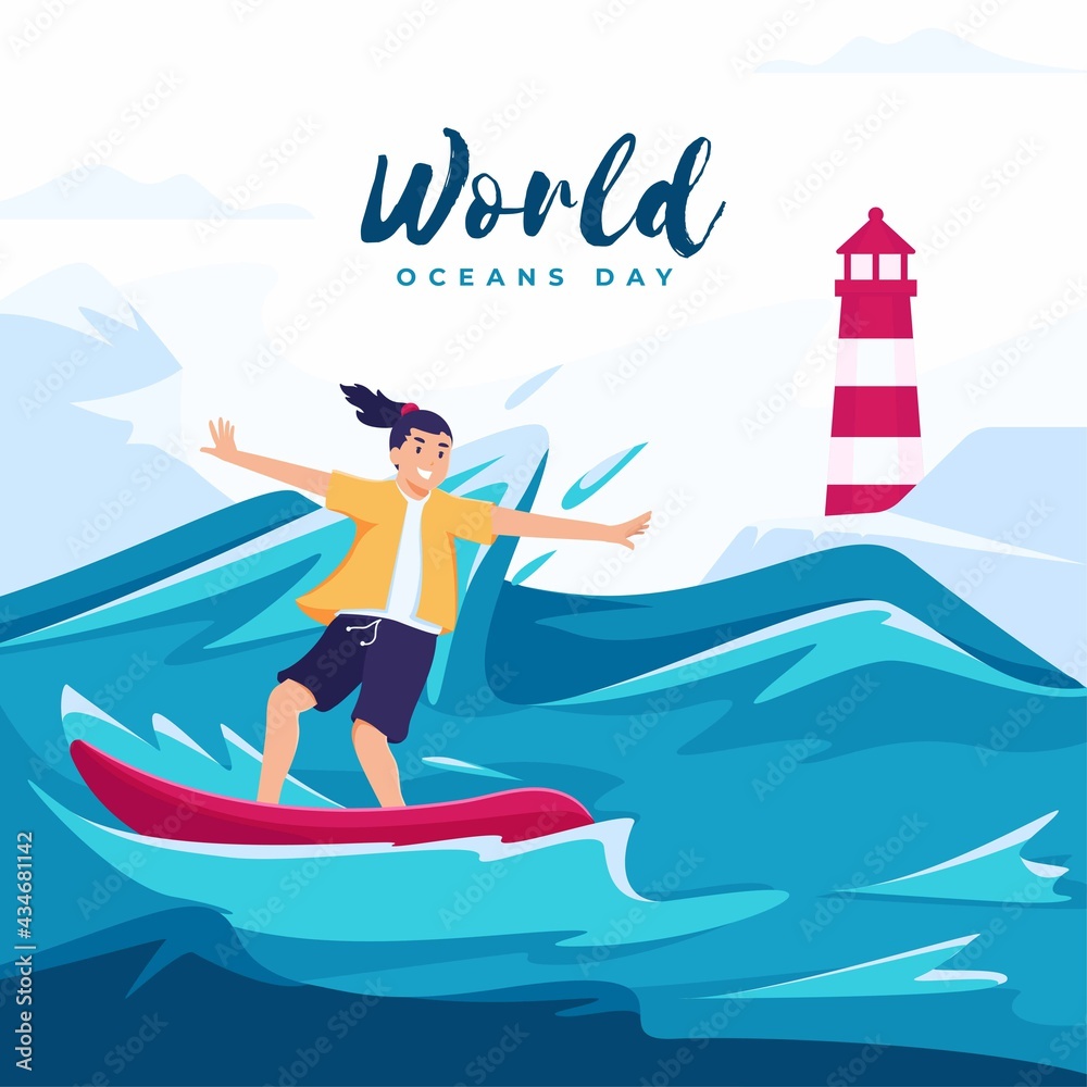 Vector illustration concept for world ocean day with the character of a surfer surfing the big waves. Vector illustration concept for world ocean day with the character of a surfer surfing the big waves.