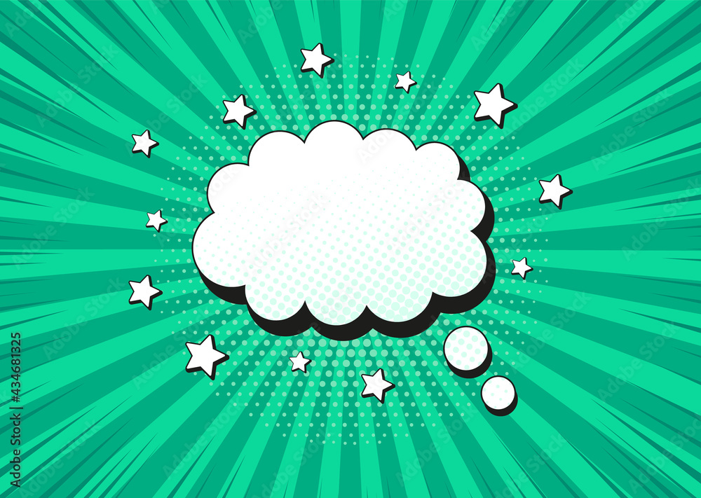 Pop art background. Comic halftone pattern with speech bubble. Green doted banner. Cartoon retro sunburst effect. Vintage sunshine texture. Superhero starburst print. Vector illustration.
