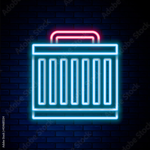 Glowing neon line Car radiator cooling system icon isolated on brick wall background. Colorful outline concept. Vector