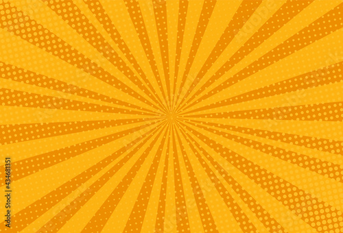 Pop art halftone background. Comic starburst pattern. Orange banner with dots and rays. Cartoon retro sunburst effect. Vintage duotone texture. Superhero wow print. Sunny backdrop. Vector illustration