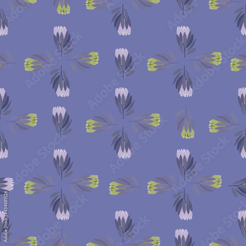 Geometric stylistic seamless pattern with hand drawn protea flowers shapes. Pastel blue background.