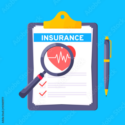 Clipboard with medical insurance claim form on it, paper sheets, pen flat style design vector illustration. Concept of fill out or online survey healthcare insurance application form.